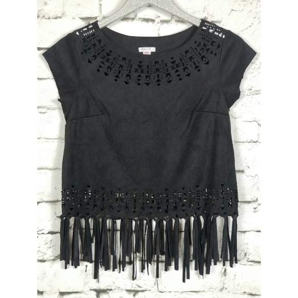 Hippie Boho Faux-Suede Fringe Festival Top Black Medium - Picture 2 of 9